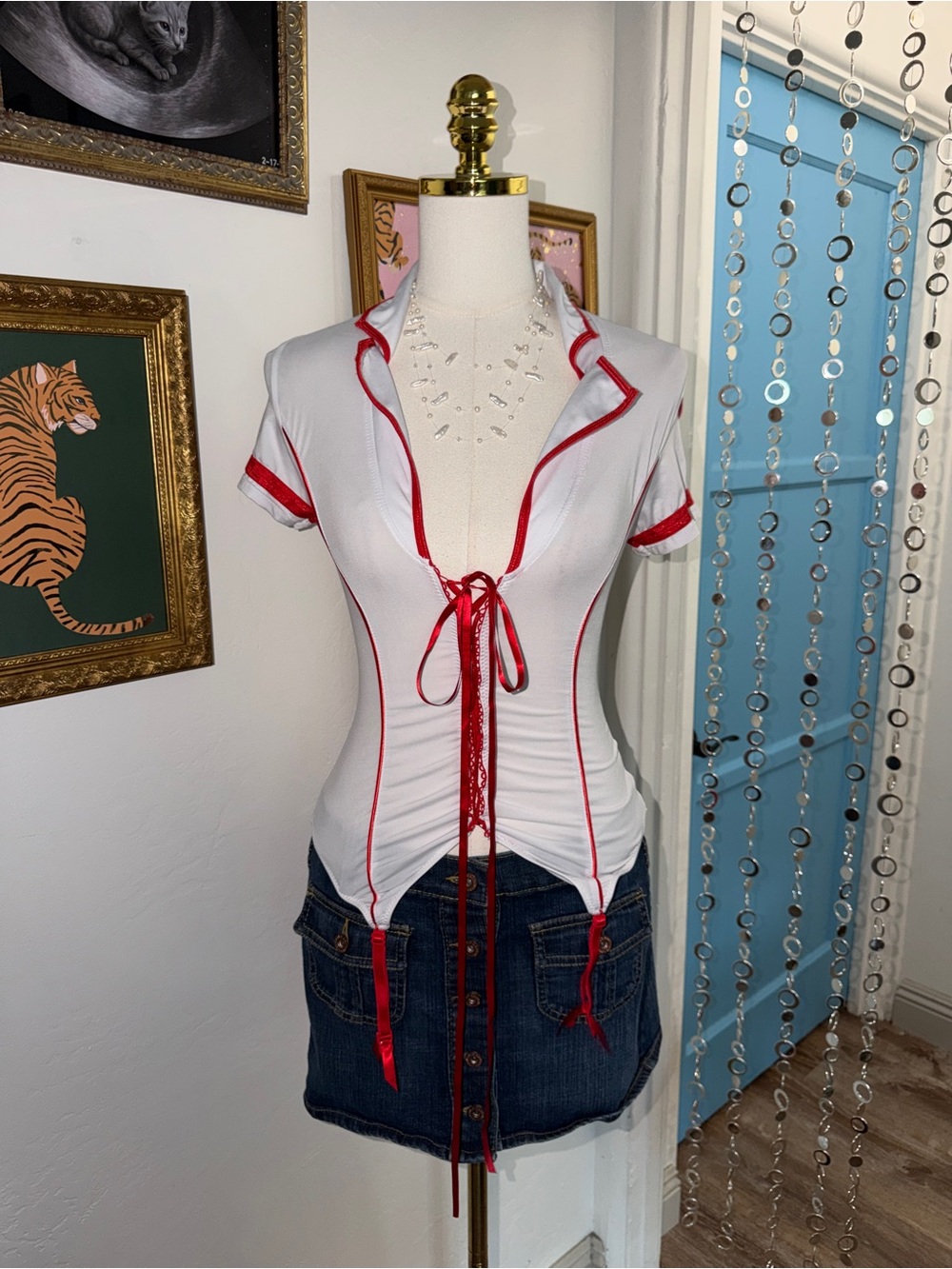 Y2K Nurse White Short Sleeve Tie-Front Top with Red Trim